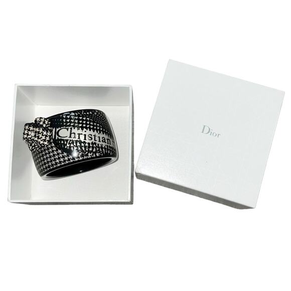 AUTH VTG Christian Dior LadyD Houndstooth Logo Tweed Crystal Bangle Bracelet - Picture 11 of 12